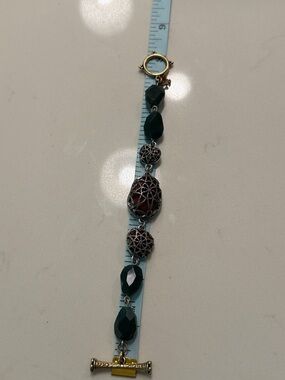 Lucky Brand Dark Green and Silver Filigree Bracelet with Gold Toggle